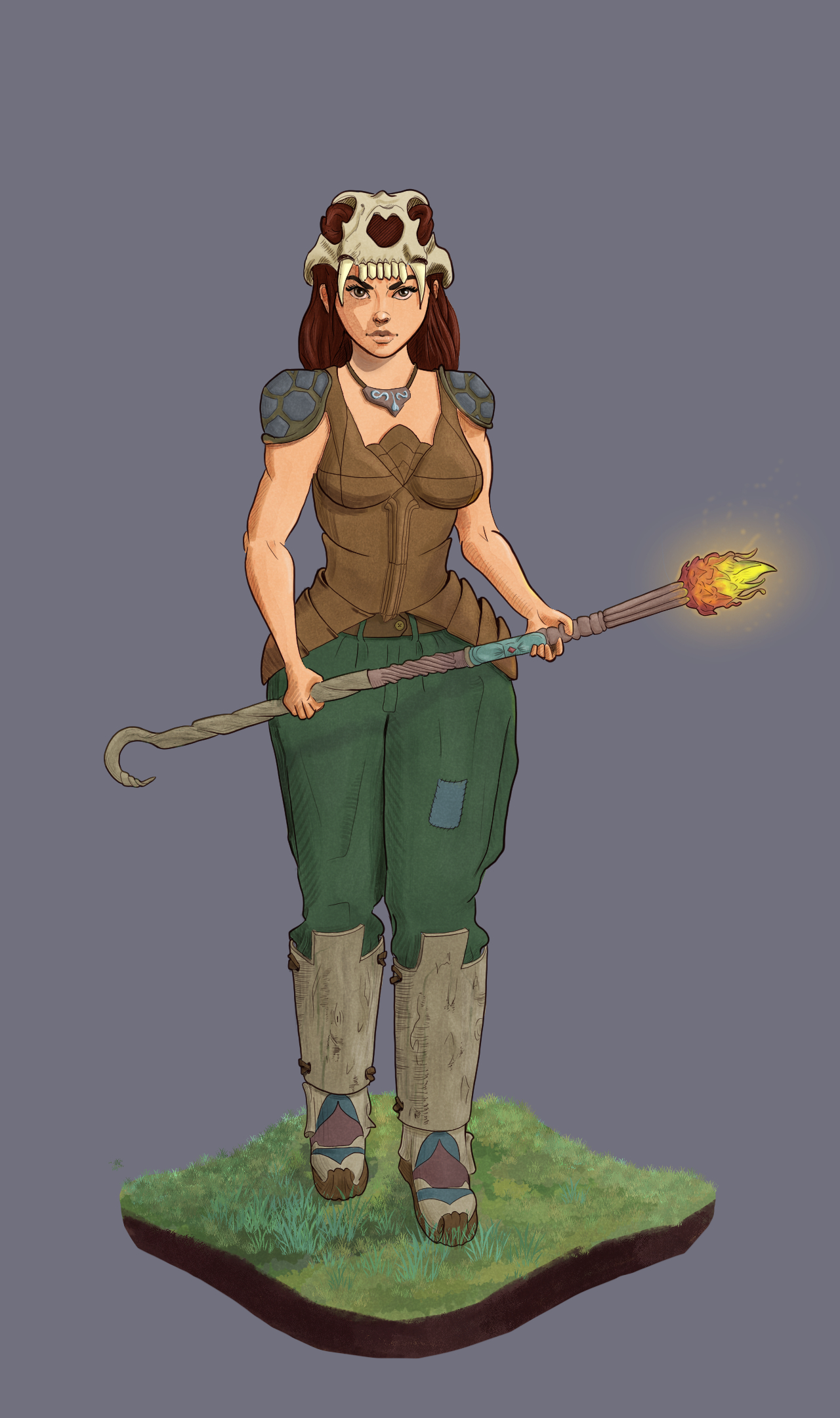 Âgée de 27 ans, Livra arpente les terres ravagées comme traqueuse de la tribu des Amethans. Symbiant convaincue, elle vit en harmonie avec la nature mutante de son monde. Concept art d’un personnage féminin dans un univers post-apocalyptique : femme debout, coiffée d’un crâne animal, en armure légère et pantalon, tenant un bâton terminé par un fruit lumineux enflammé.
